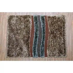 Carpet color: fluffy olive-brown with a few red and blue stripes in the center
