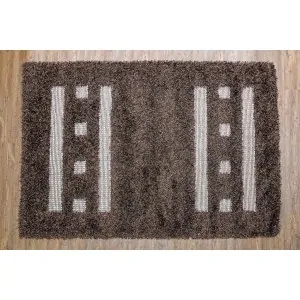 RUG dark brown bouclé with 2 large parallel shapes made of beige straight weave