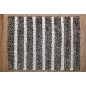 Color: gray brown bouclé with stripes of white fabric border and braided connection