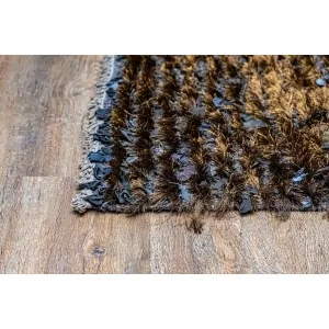 HANDMADE INDIAN ARTIFICIAL SILK RUG dark brown bouclé carpet with yellow hues