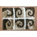 Color: rug with 6 geometric spiral wave shapes in brown and beige divided into 6 white squares