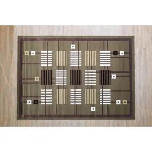 Color: dark beige with geometric square patterns in brown, white, purple