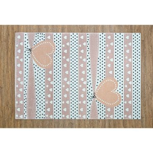 παιδικό χαλί για κορίτσι λευκό γκρι με σχέδιο πουά και ροζ ρίγες και λευκές και ροζ καρδιές