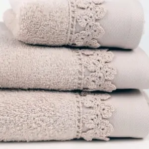 beige crochet bath towels Korinthia