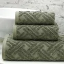 dusty green milano towels set by greek brand Liolios Home in a bathroom in Korinthia