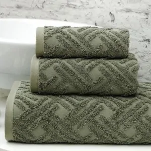 dusty green milano towels set by greek brand Liolios Home in a bathroom in Korinthia