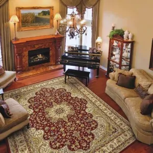 a classic decorated living room with orian 217 red carpet in front of the fire place
