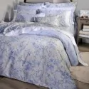 Down Town beige floral bed sheet set with light blue-white flowers and white-light blue stripes
