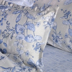 DOWN TOWN COTTON SATIN SHEET beige and ciel floral and stripes bed set