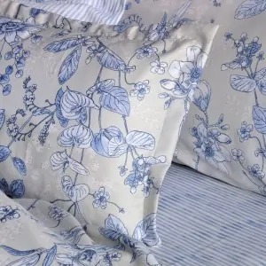 DOWN TOWN COTTON SATIN SHEET beige and ciel floral and stripes bed set