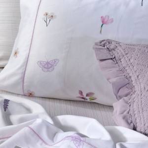DOWN TOWN COTTON SATIN SHEET White, purple floral and butterflies