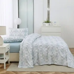 queen size light aqua sheets with white floral print by the Greek company Liolios