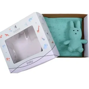 baby blanket aqua with bunny toy knitted in lefko store corinth