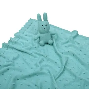 BABY BLANKET COTTON AQUA WITH BUNNY TOY