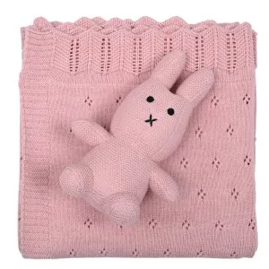 PINK COTTON BABY BLANKET WITH PINK BUNNY TOY