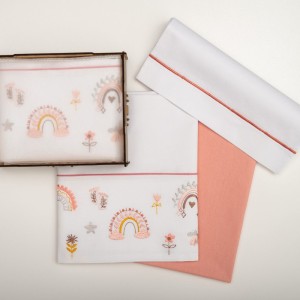 σετ βρεφικά σεντόνια κούνιας raison βαμβακερά λευκά με κέντημα ουράνιο τόξο