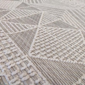 summer rug with wicker weave in ecru, beige, with geometric patterns of rhombuses, lines, squares