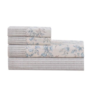 100% COTTON SATIN SET 220 thread count floral ciel and beige stripes