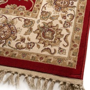 κλασικο χαλί orian 330 με περίγραμμα και κόκκινο σχέδιο και μπεζ κρόσια στο λευκο κορινθίας