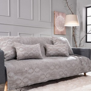 σαλόνι μοντέρνο με καναπε ΓΚΡΙ και ριχτάρι μπεζ καφέ GARLAND 11 από το λευκό κόρινθος