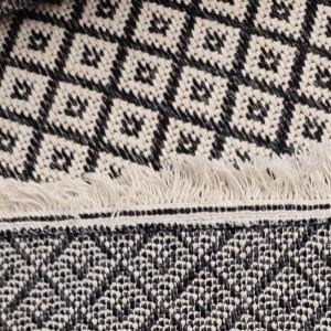 with black parallel geometric patterns and cream fringe for boho summer decor.
