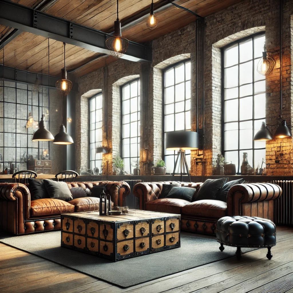 Living room with industrial decor, high ceilings, stone walls, and leather furniture