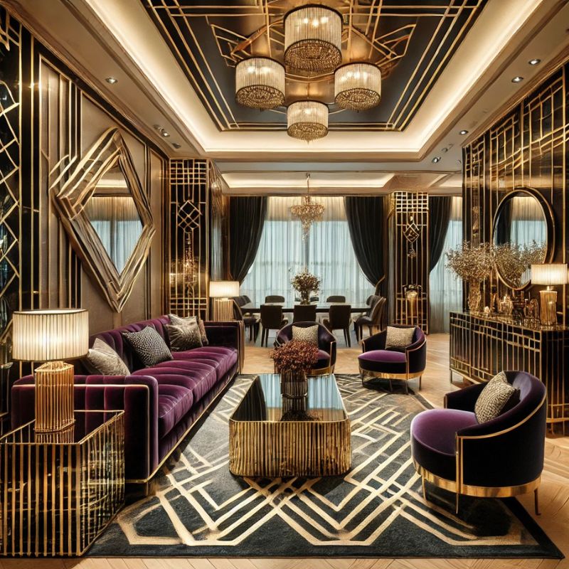 Living room in Art Deco style with gold accents on black furniture and glass elements