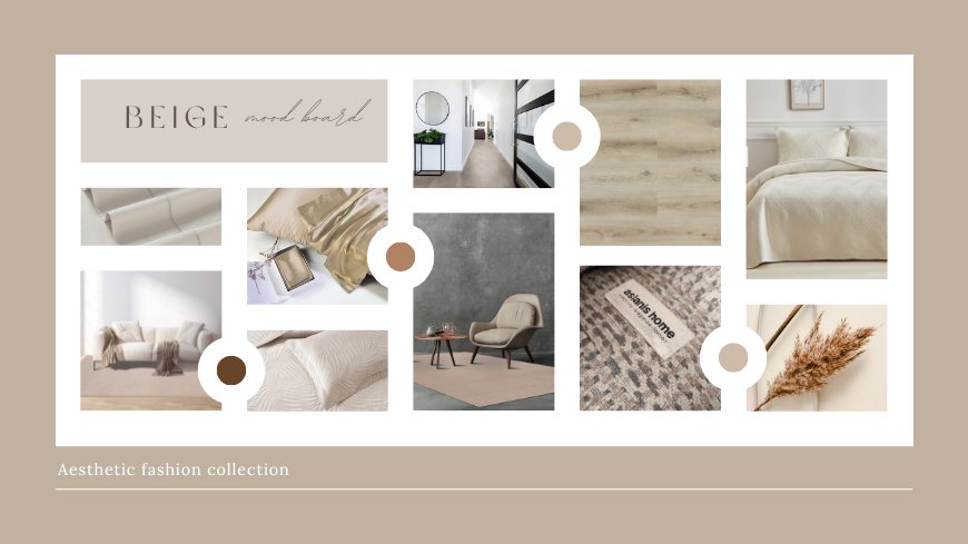 mood board για το χρώμα μπεζ με προιόντα μπεζ-κρεμ όπως βινυλικό δαπεδο, κουβερλί, σεντόνια, χαλί