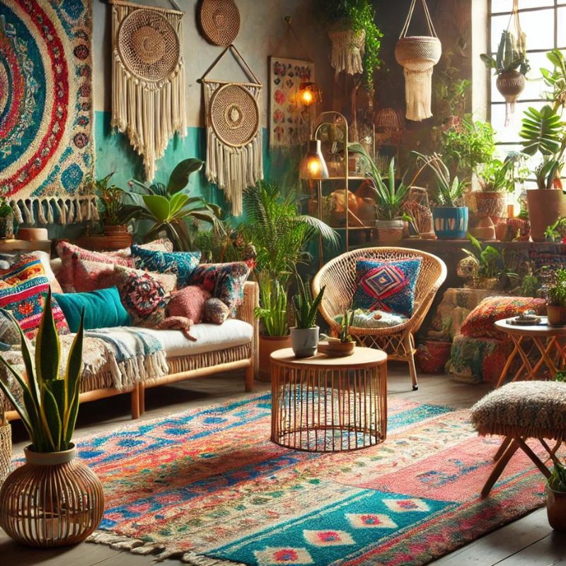 Bohemian living room with vibrant colors and maximalist decor including many decorations and plants