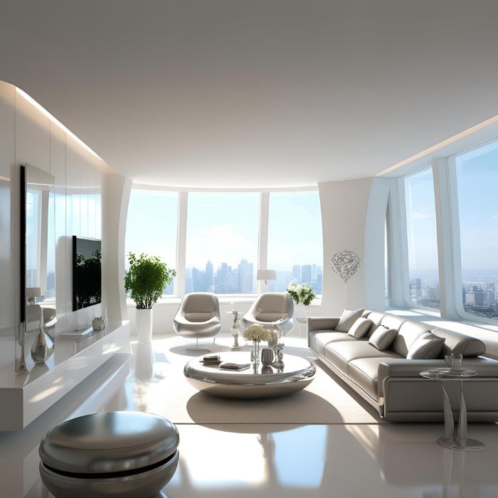 Penthouse living room with futuristic elements, silver furniture, and a white sofa