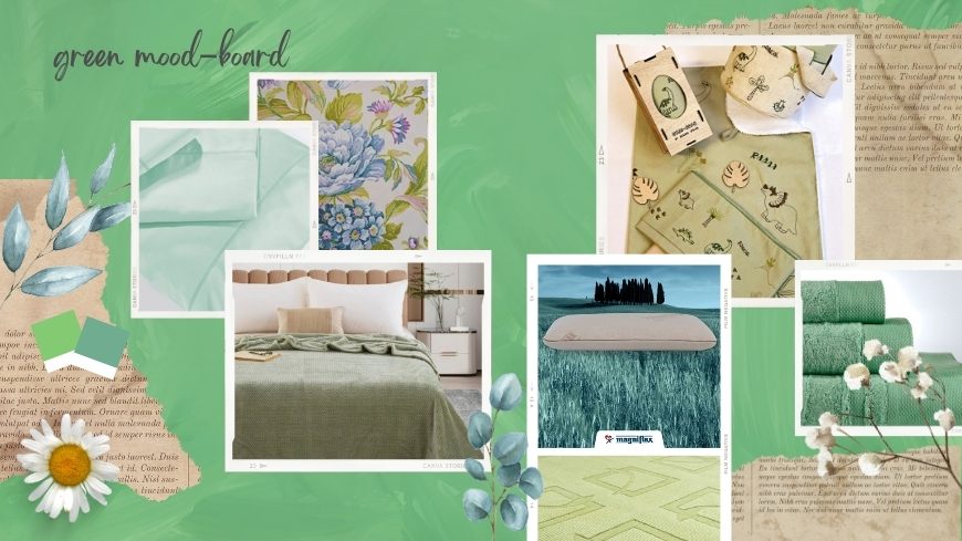mood board για το χρώμα πράσινο και λαχανί με προϊόντα σπιτιού όπως χαλί, σεντόνια κούνιας, βαμβακερές πετσέτες