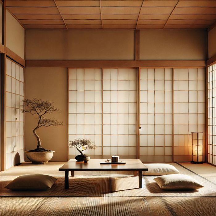 Japanese-style living room with floor cushions, a rug, and a bonsai as decoration