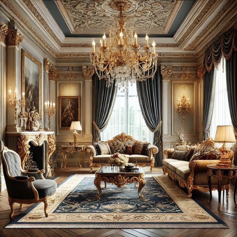 Living room with classic decor, Louis-style furniture, chandelier, fireplace, and traditional rug