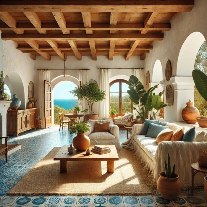 Mediterranean-style living room with a large window overlooking the sea