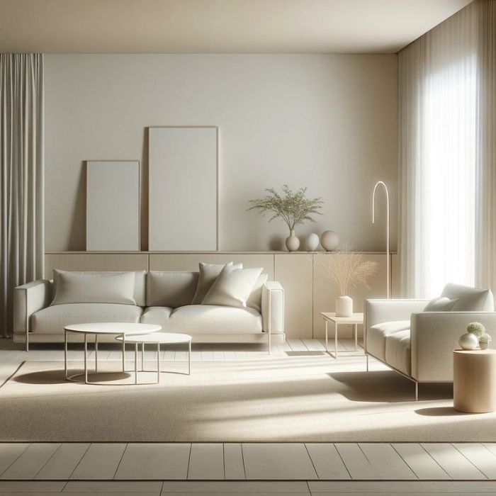 Living room with minimalist interior design and calm beige tones
