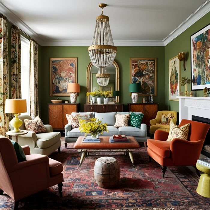 Living room with a strong personality combining multiple decor styles mix and match