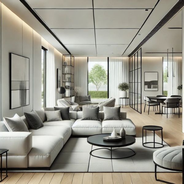 modern living room in gray tones with bold accents
