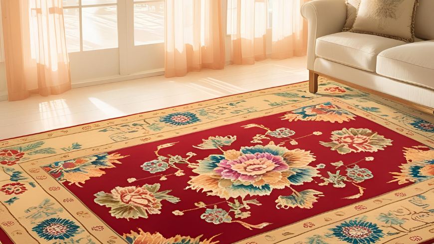 παραδοσιακό κόκκινο κινέζικο χαλί με λουλούδι, δημιουργία ΑΙ