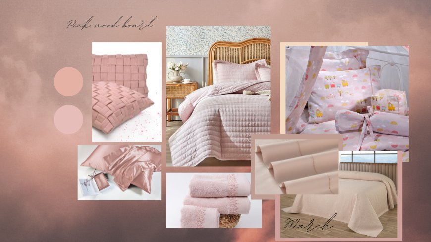 mood board για το χρώμα ροζ με προϊόντα όπως κουβερλί, σεντόνια κούνιας μωρού, πετσέτες κεντητές, μαξιλάρι διακοσμητικό