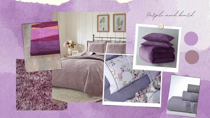 mood board για το χρώμα μωβ με προιόντα για το σαλόνι και το υπνοδωμάτιο όπως σεντόνια, χαλιά shaggy