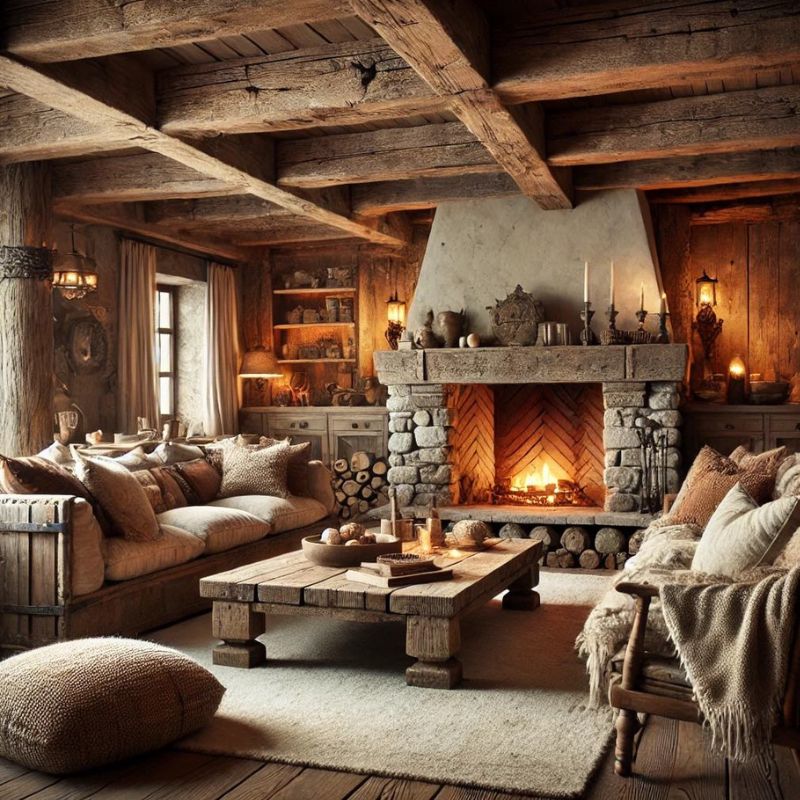 Rustic-style living room with a fireplace, prominent wood and stone elements reminiscent of a mountain village