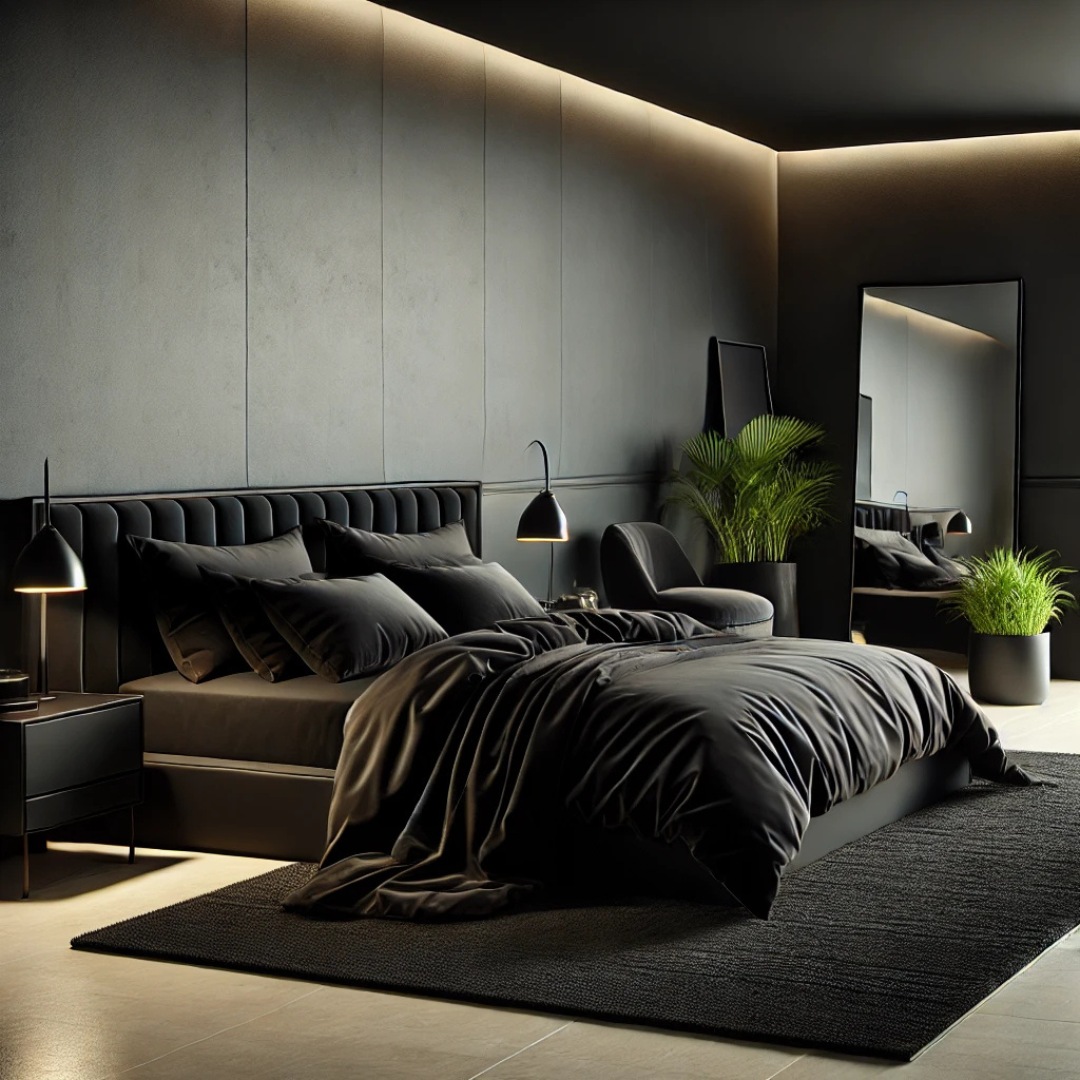 Bedroom with soft lighting, black sheets, black wall, and luxurious black shaggy rug