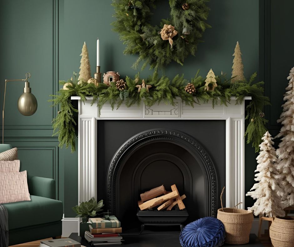 Ζεστό σαλόνι με διακοσμητικά μαξιλάρια πολυθρόνας μπροστά στο τζάκι