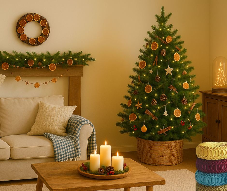 Σαλόνι με χριστουγεννιάτικα στολίδια αποξηραμένα φρούτα χειροποιήτα DIY